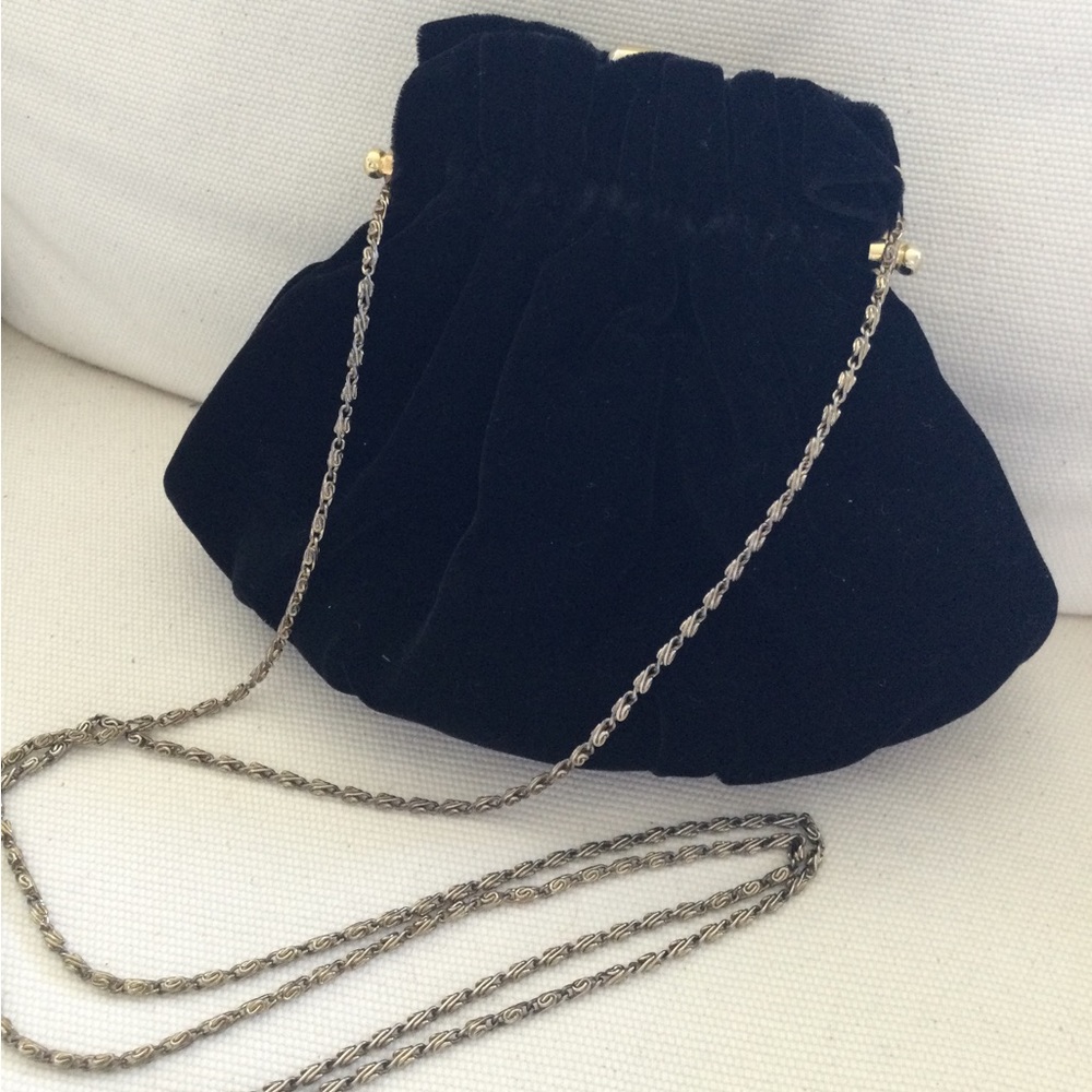 Black velvet evening purse with gold chain